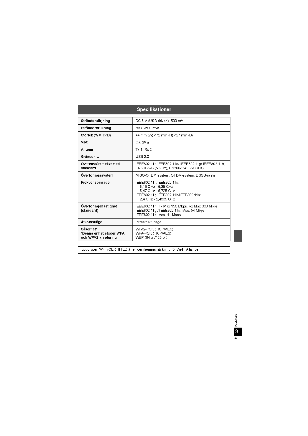 Panasonic DY-WL10 manual Specifikationer 