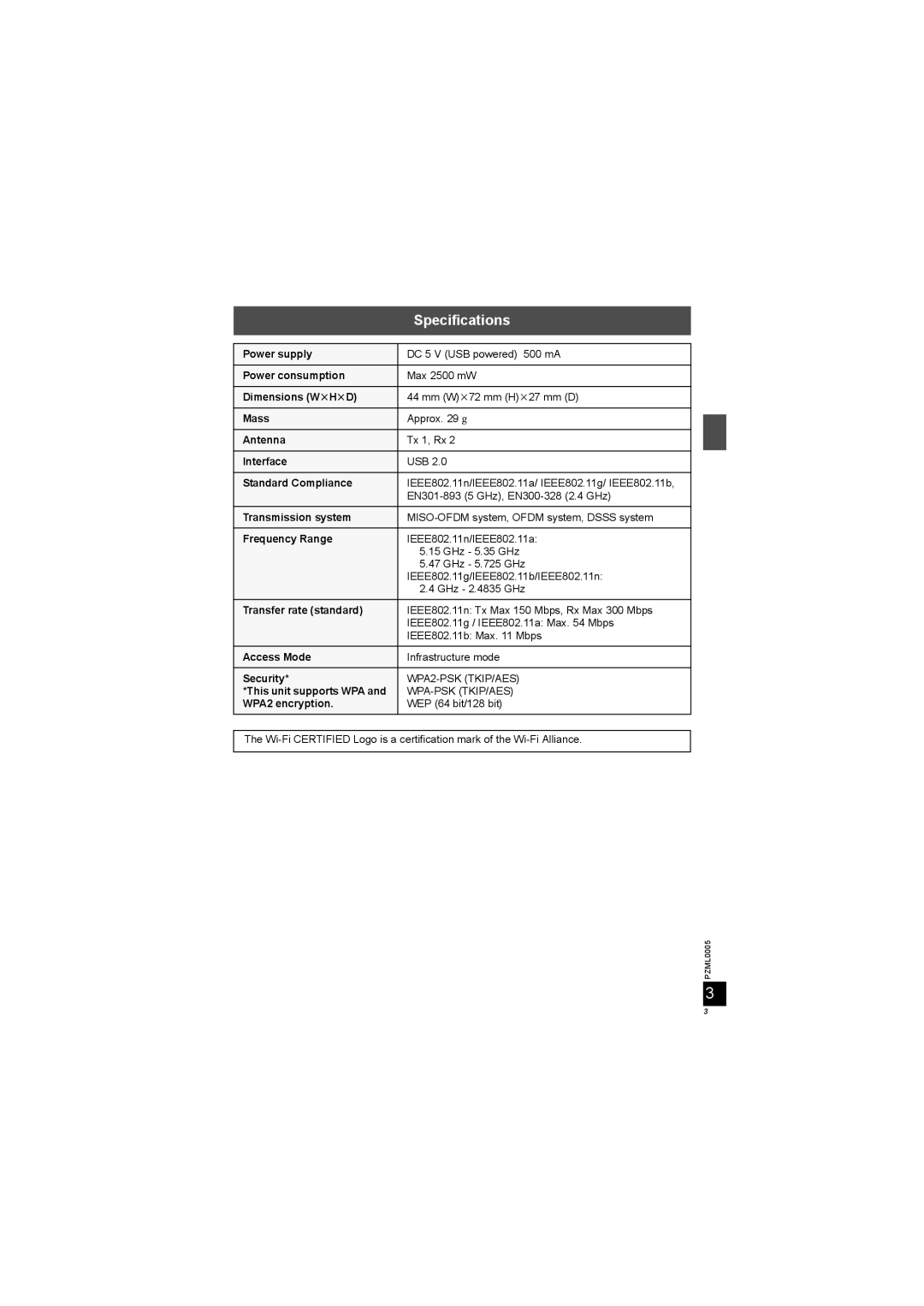 Panasonic DY-WL10 manual Specifications 