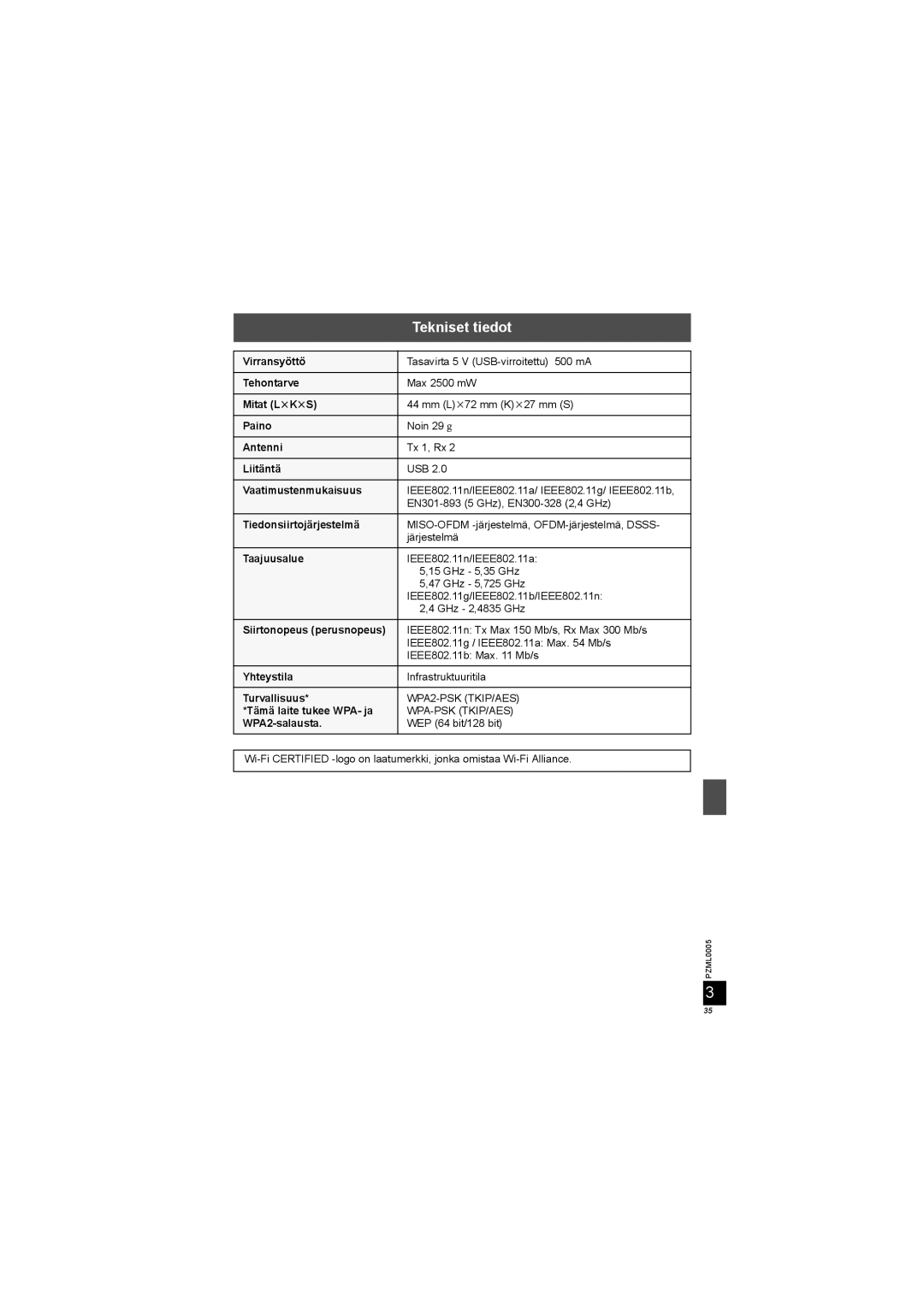 Panasonic DY-WL10 manual Tekniset tiedot 