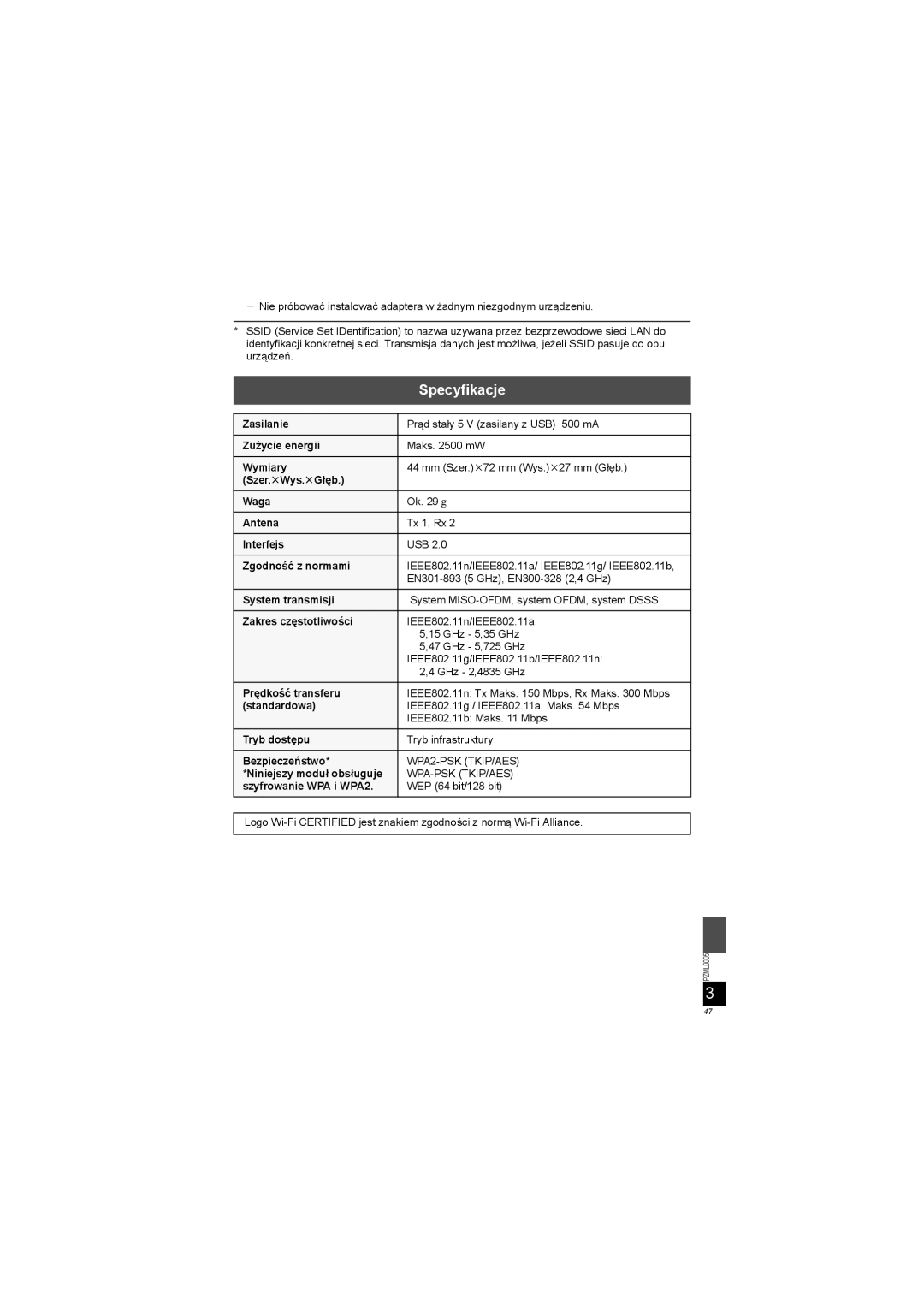 Panasonic DY-WL10 manual Specyfikacje 