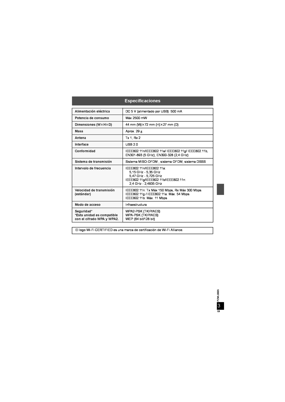 Panasonic DY-WL10 manual Especificaciones 