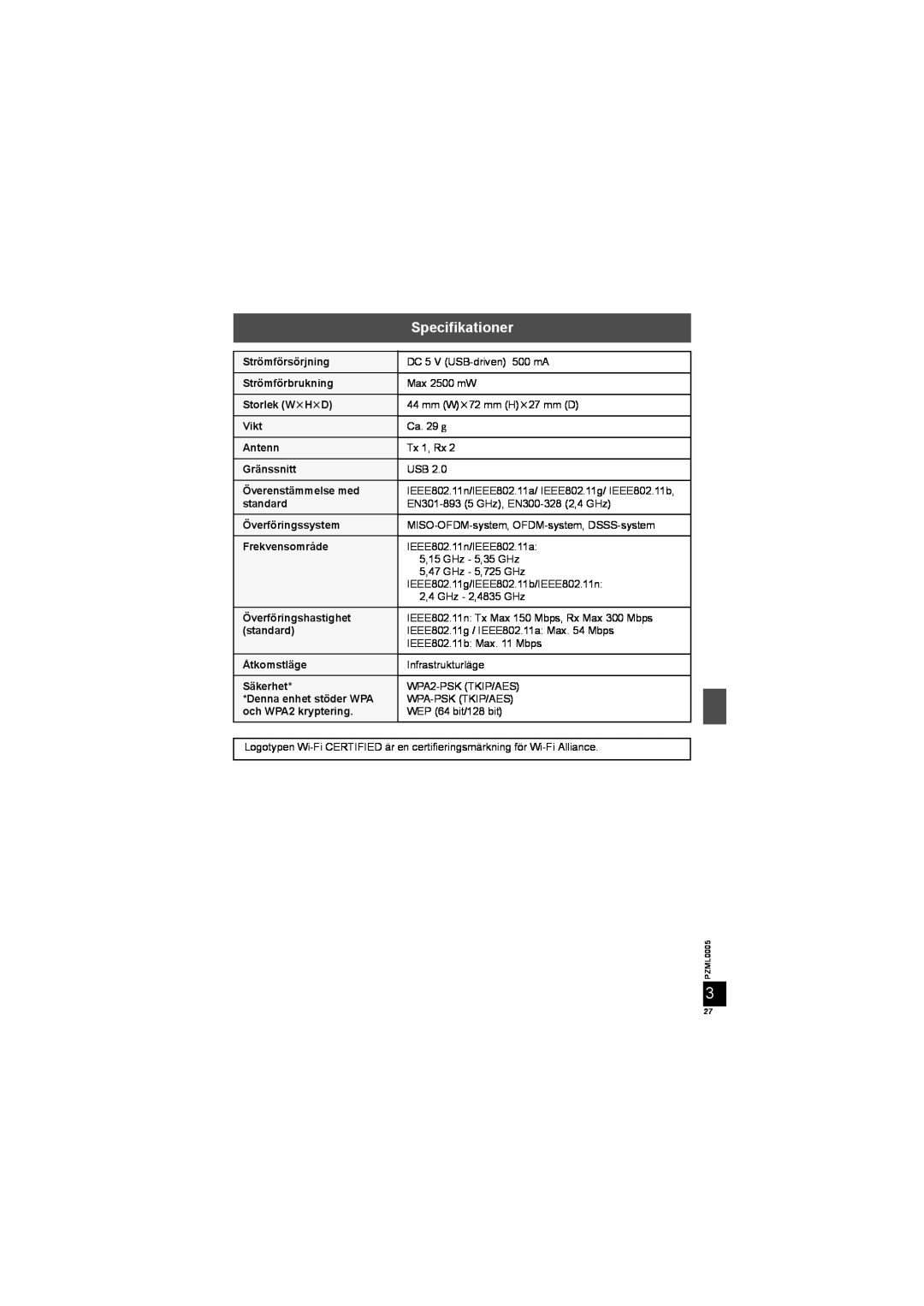 Panasonic DY-WL10 manual Specifikationer 