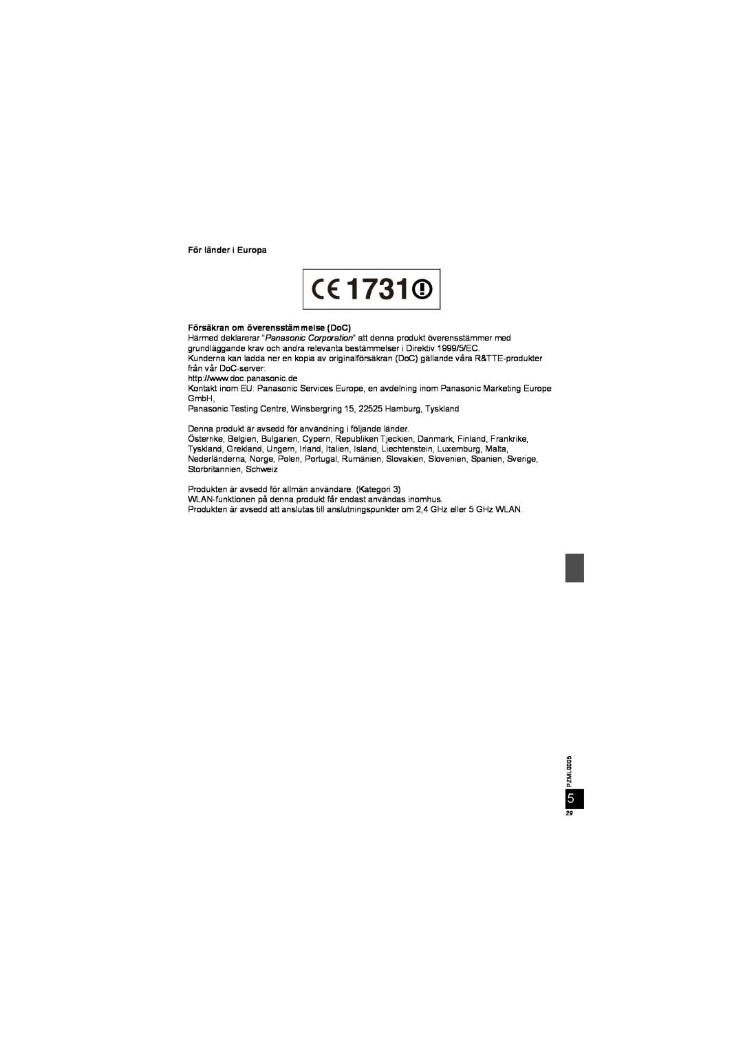 Panasonic DY-WL10 manual För länder i Europa Försäkran om överensstämmelse DoC 