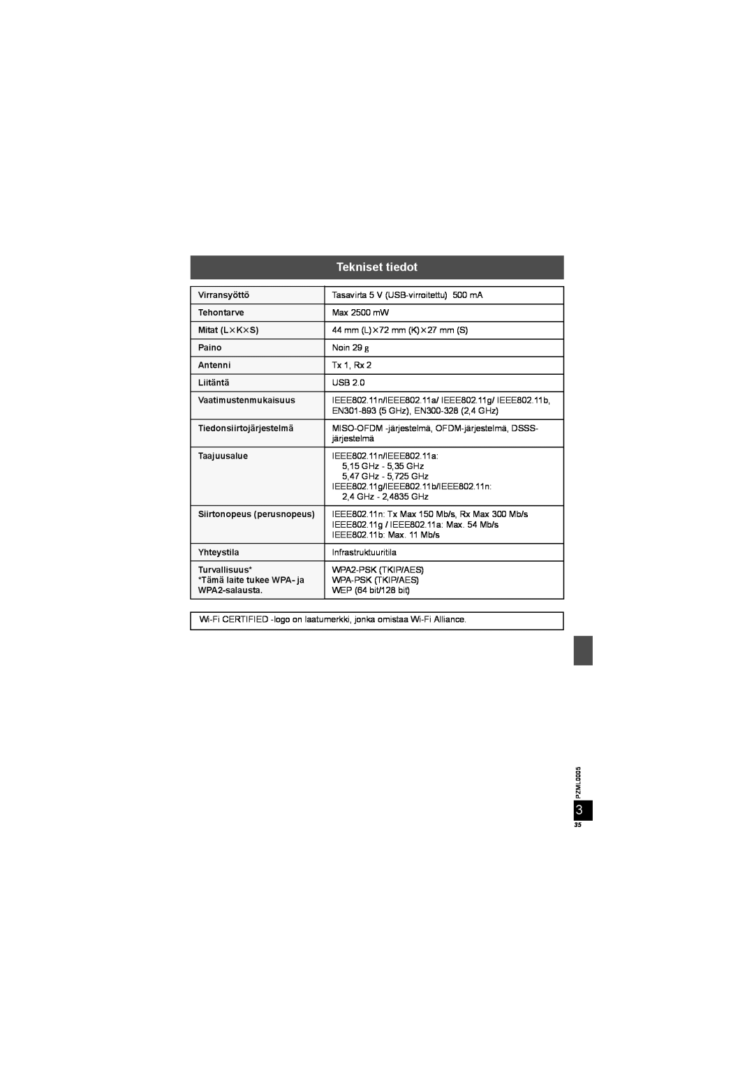 Panasonic DY-WL10 manual Tekniset tiedot 