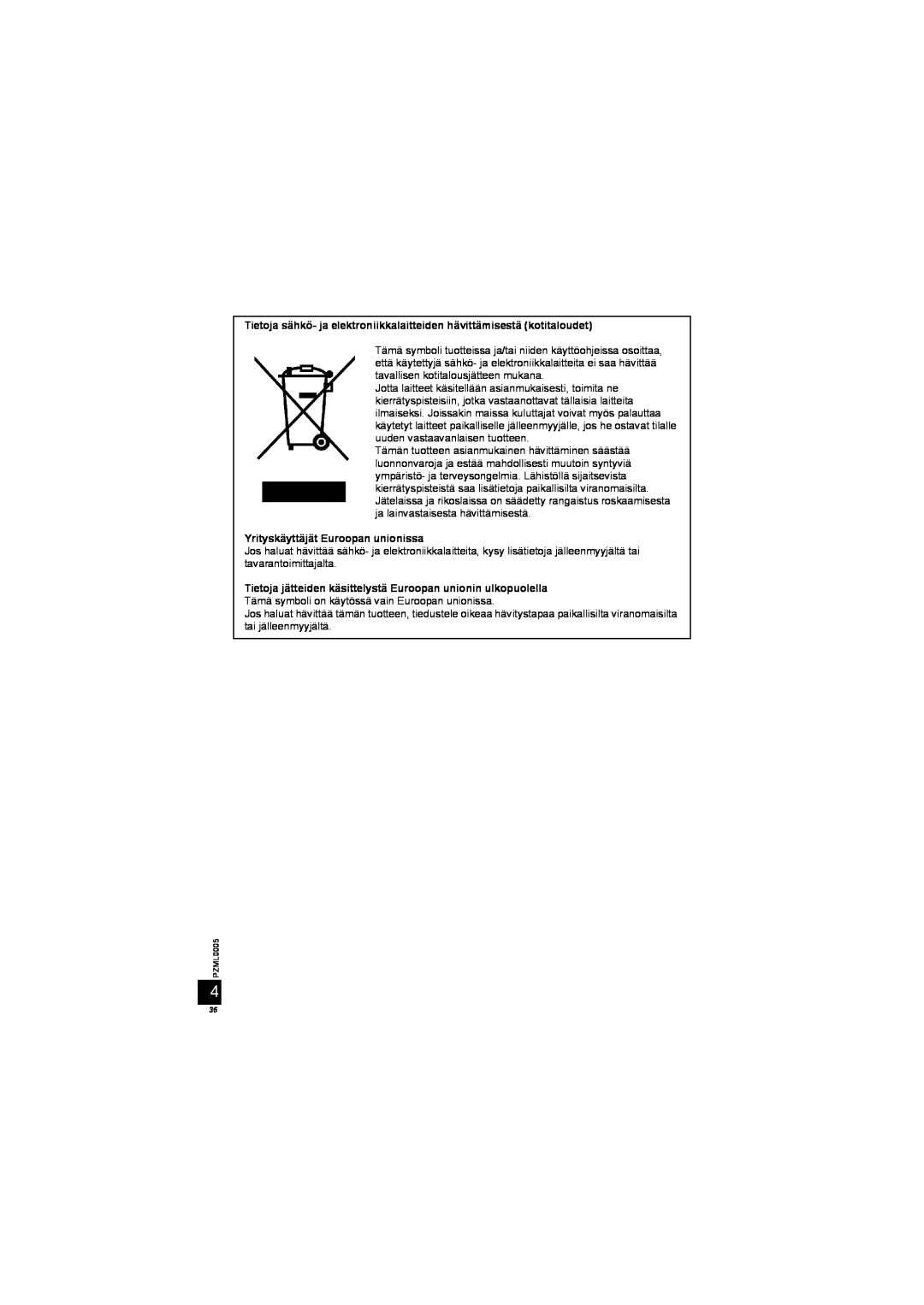 Panasonic DY-WL10 manual Tietoja sähkö- ja elektroniikkalaitteiden hävittämisestä kotitaloudet 