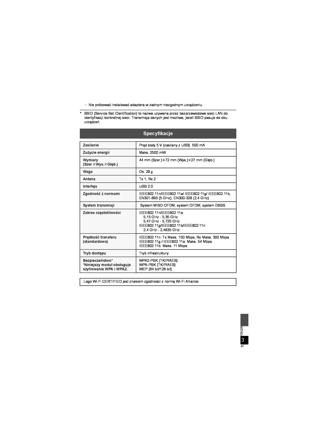 Panasonic DY-WL10 manual Specyfikacje, PZML0005 