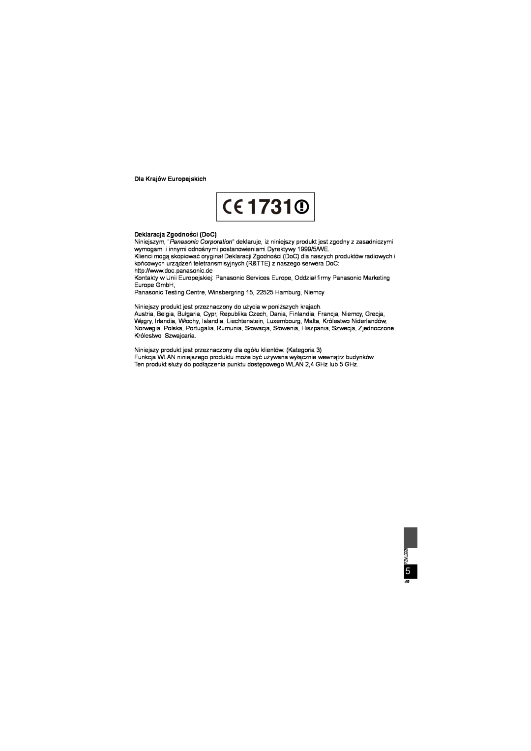 Panasonic DY-WL10 manual Dla Krajów Europejskich Deklaracja Zgodności DoC 