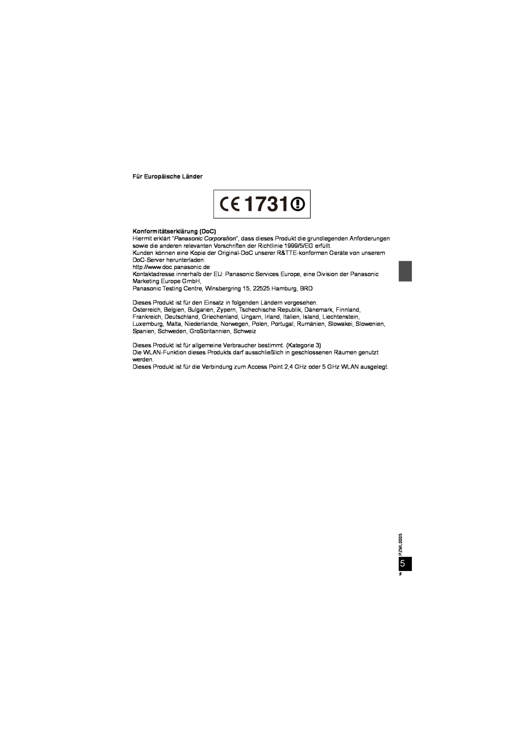 Panasonic DY-WL10 manual Für Europäische Länder Konformitätserklärung DoC 