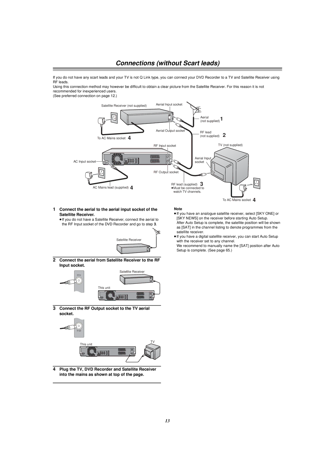 Panasonic E50 manual Connections without Scart leads, Connect the RF Output socket to the TV aerial socket 