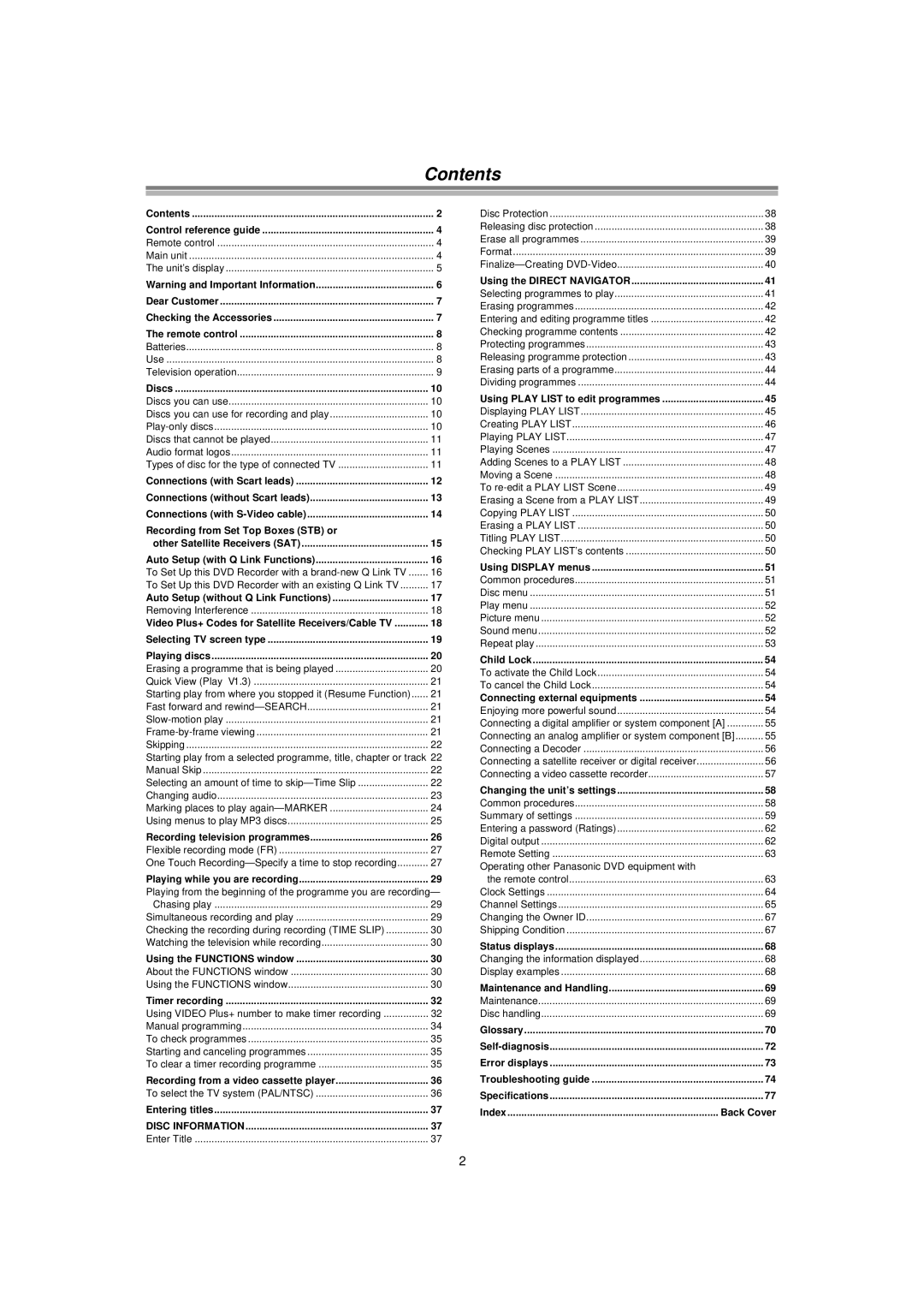 Panasonic E50 manual Contents 