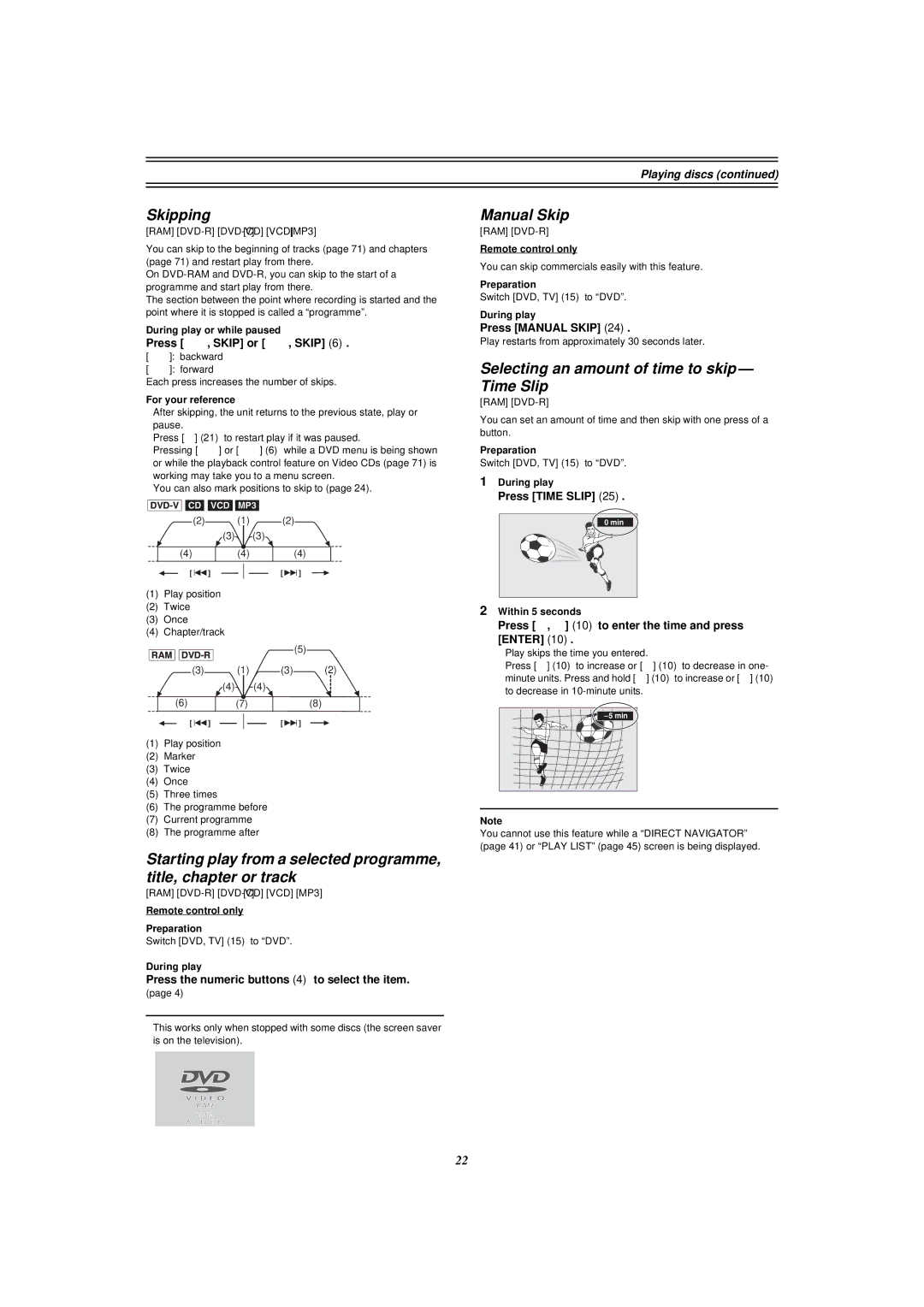 Panasonic E50 manual Skipping, Manual Skip, Selecting an amount of time to skip Time Slip 