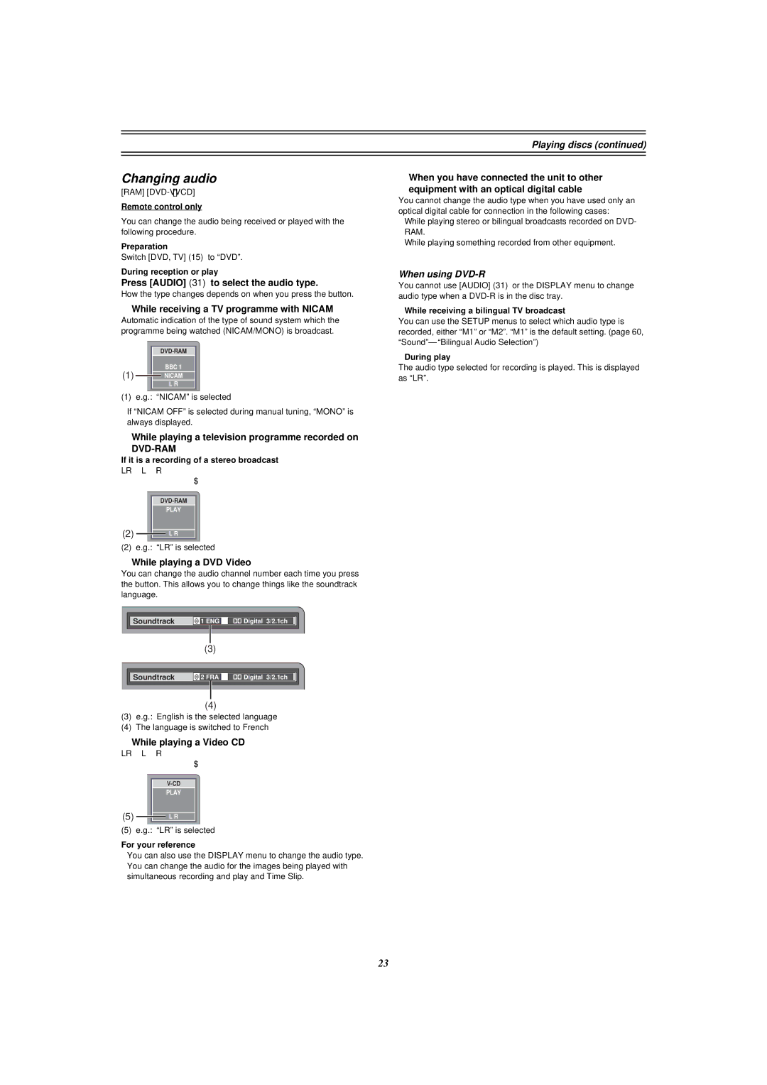 Panasonic E50 manual Changing audio, When using DVD-R 