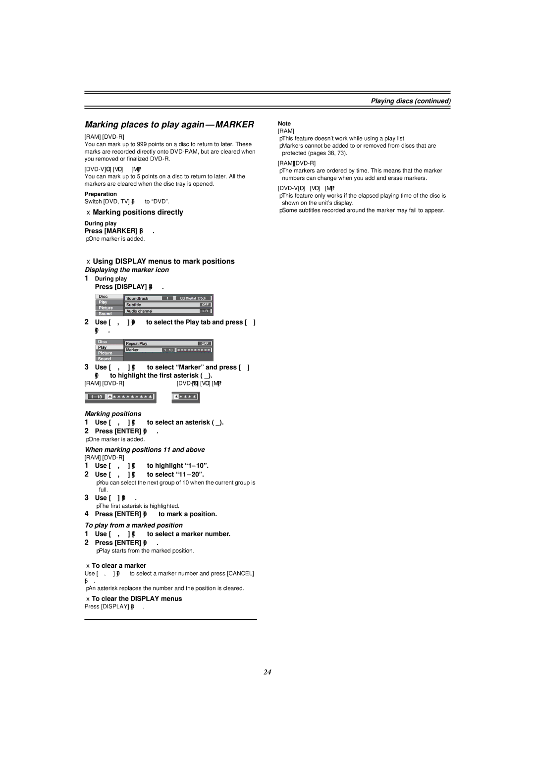 Panasonic E50 manual Marking places to play again Marker, Marking positions directly, Using Display menus to mark positions 