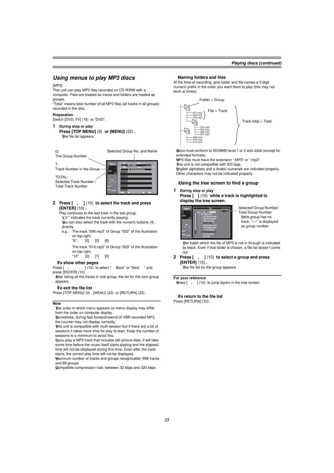 Panasonic E50 manual Using menus to play MP3 discs, Using the tree screen to find a group 