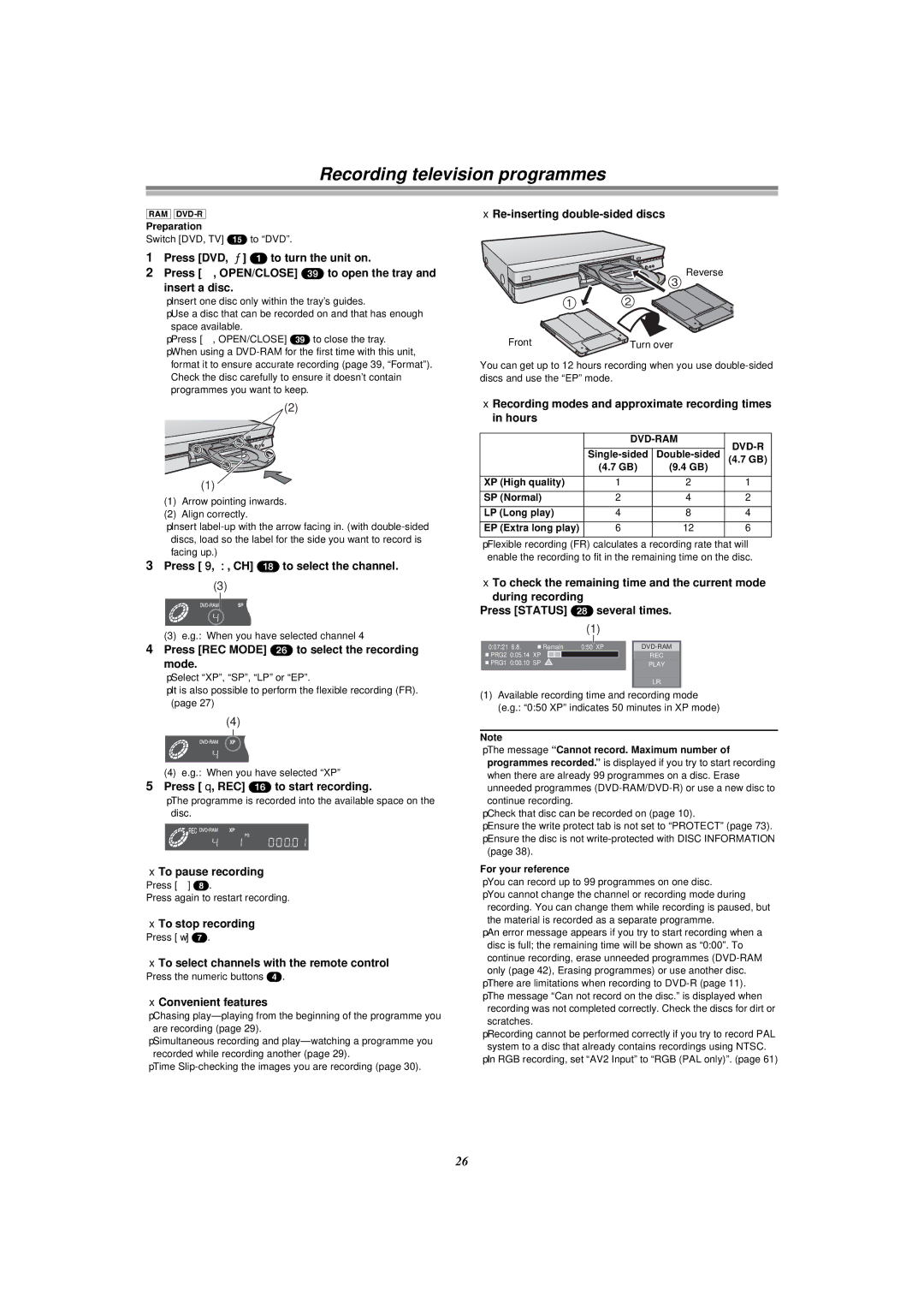 Panasonic E50 manual Recording television programmes 