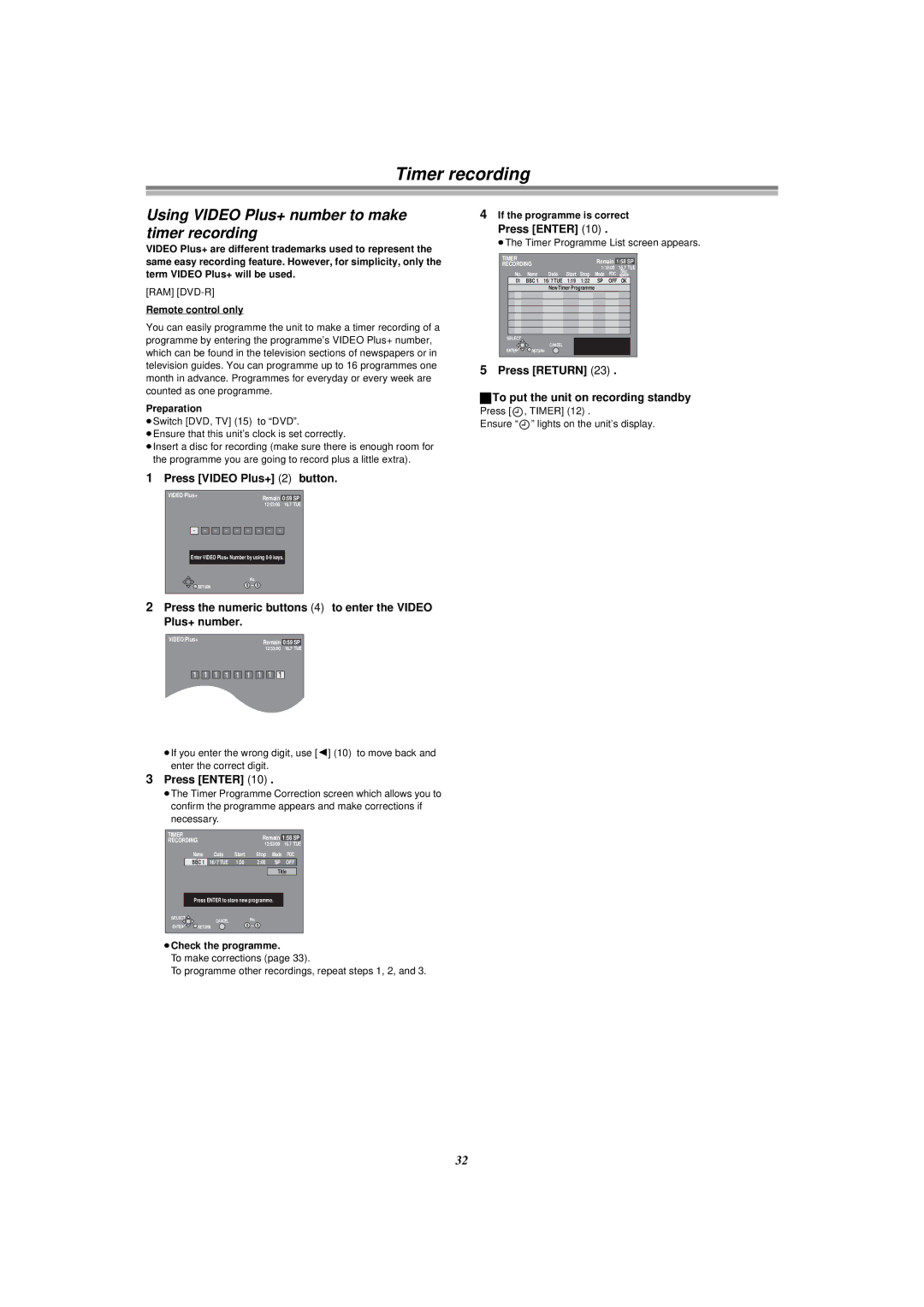 Panasonic E50 manual Timer recording, Using Video Plus+ number to make timer recording, Press Video Plus+ 2 button 