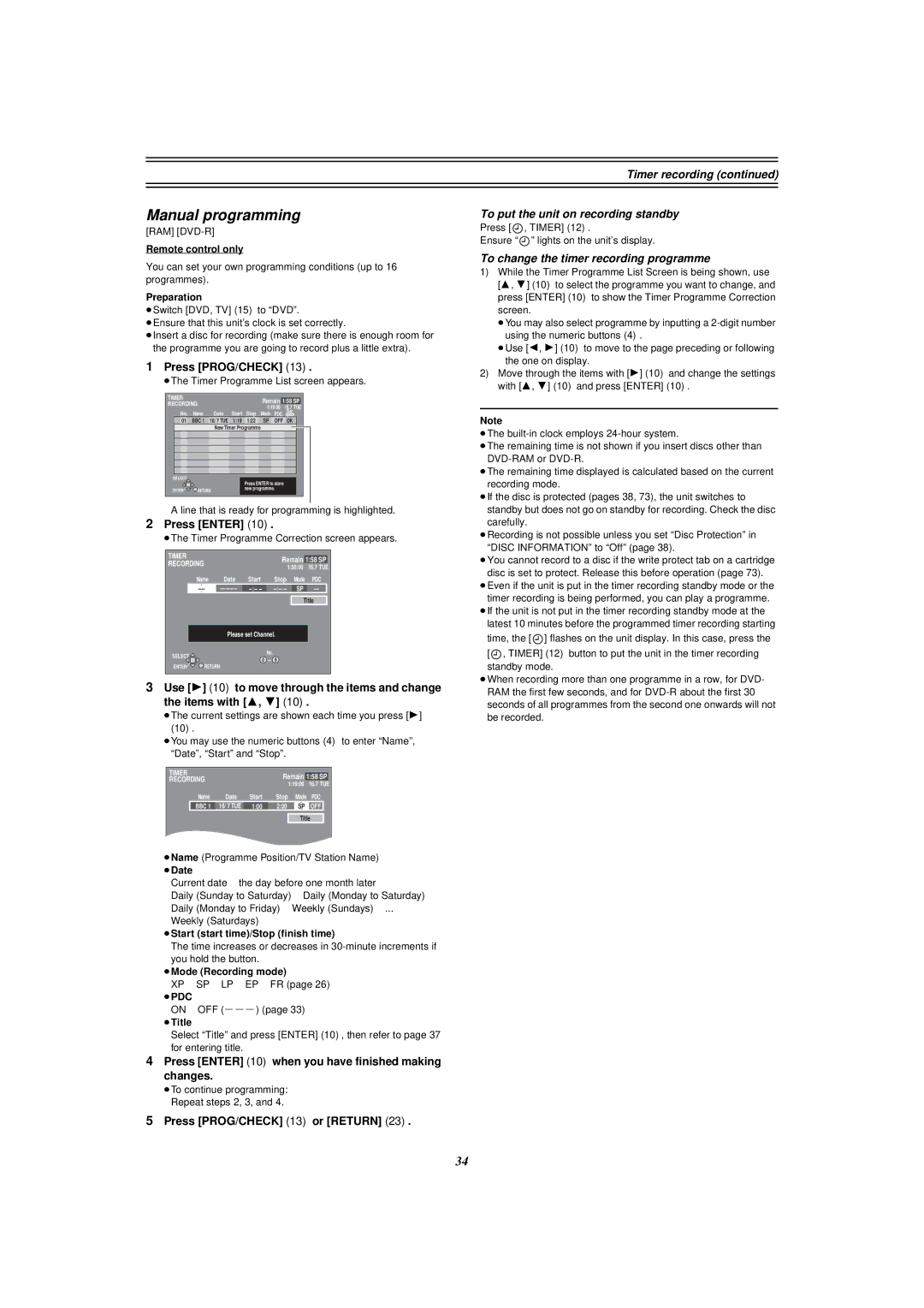 Panasonic E50 manual Manual programming, To put the unit on recording standby, To change the timer recording programme 