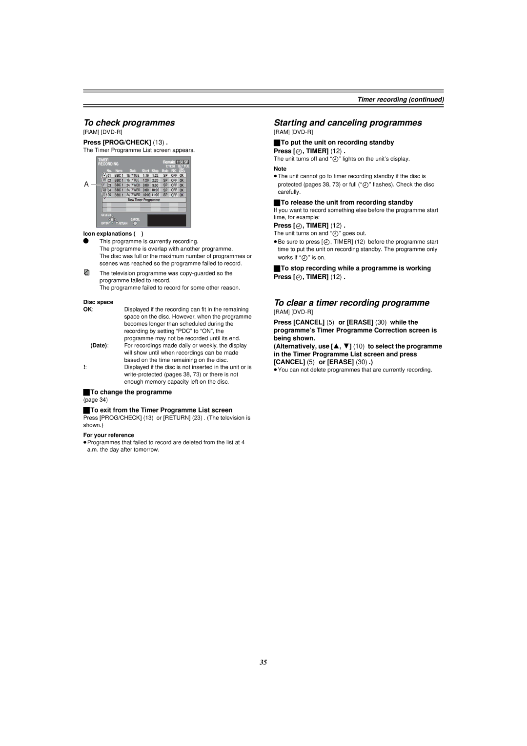 Panasonic E50 manual To check programmes, Starting and canceling programmes, To clear a timer recording programme 