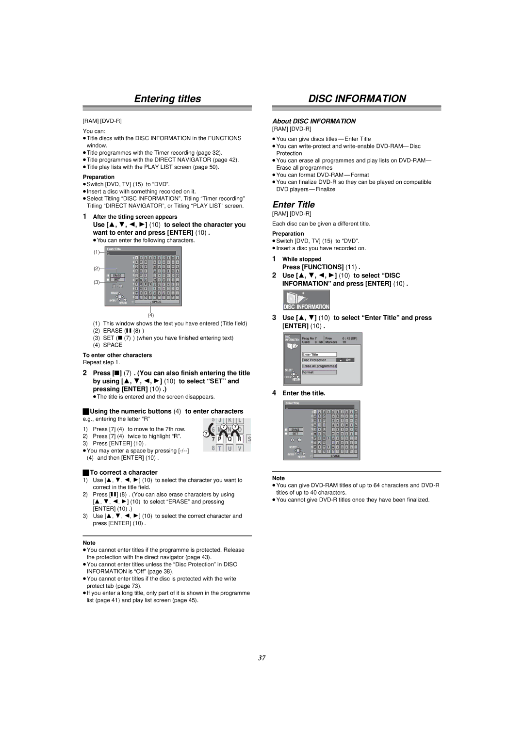 Panasonic E50 manual Entering titles, Enter Title, About Disc Information 