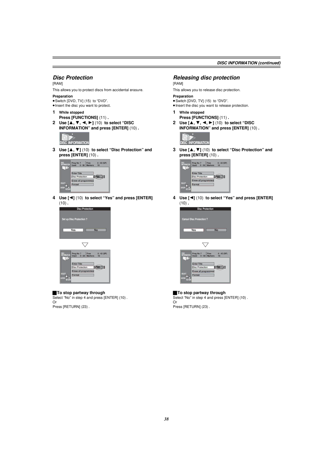 Panasonic E50 manual Disc Protection, Releasing disc protection, Disc Information 