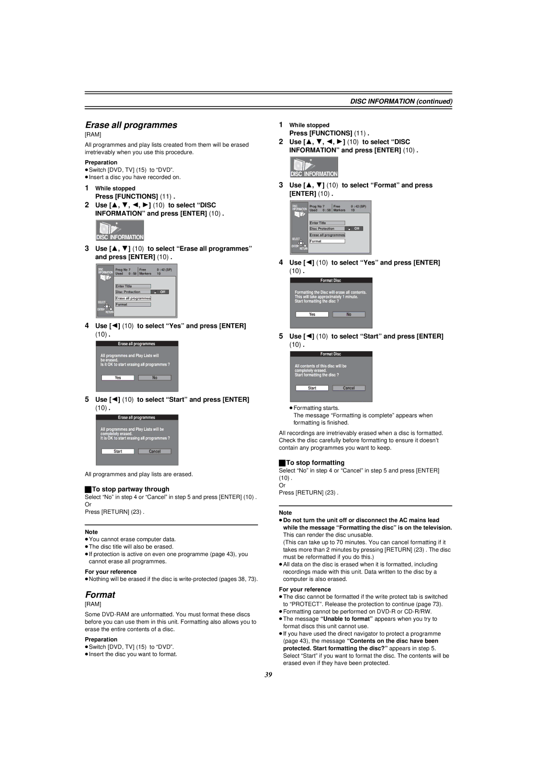 Panasonic E50 manual Erase all programmes, Format 