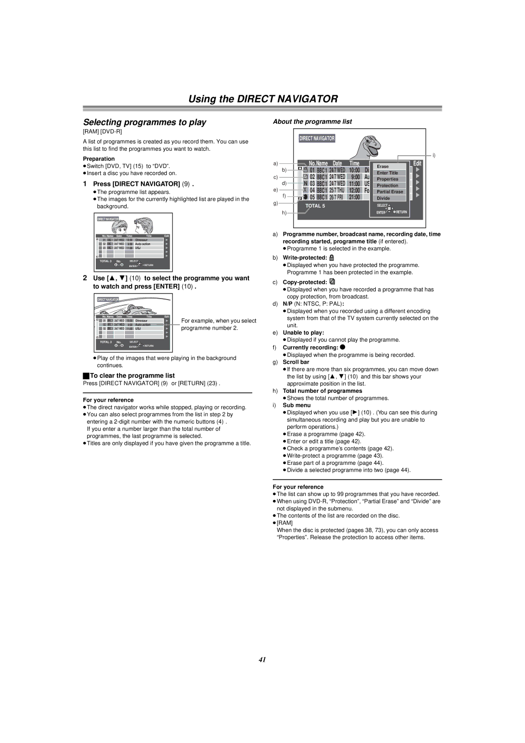 Panasonic E50 manual Using the Direct Navigator, Selecting programmes to play, To clear the programme list 