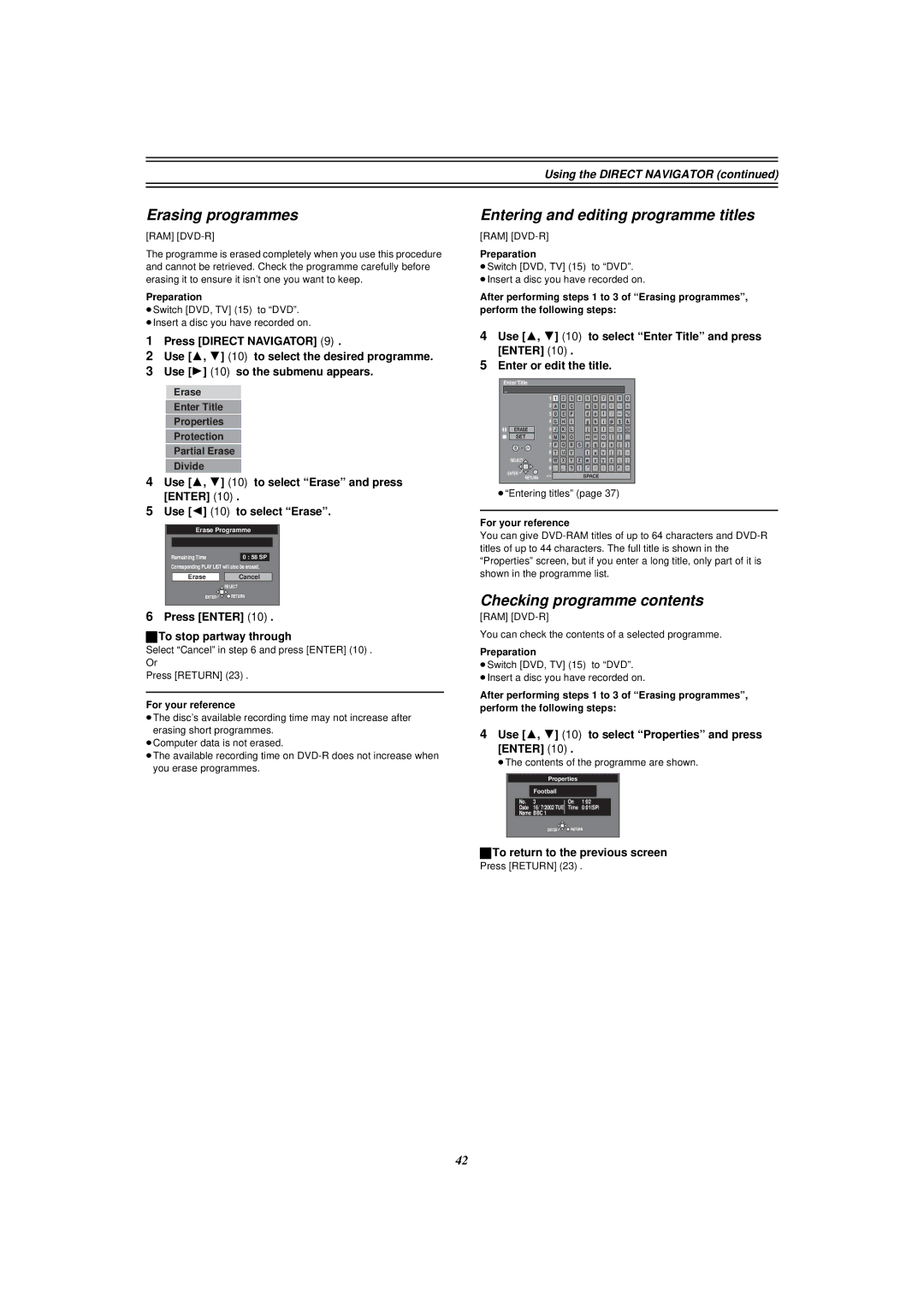 Panasonic E50 manual Erasing programmes, Entering and editing programme titles, Checking programme contents 