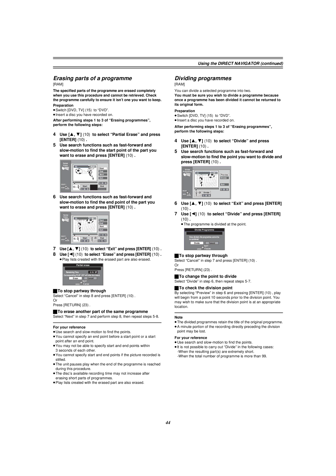 Panasonic E50 manual Erasing parts of a programme, Dividing programmes, To erase another part of the same programme 