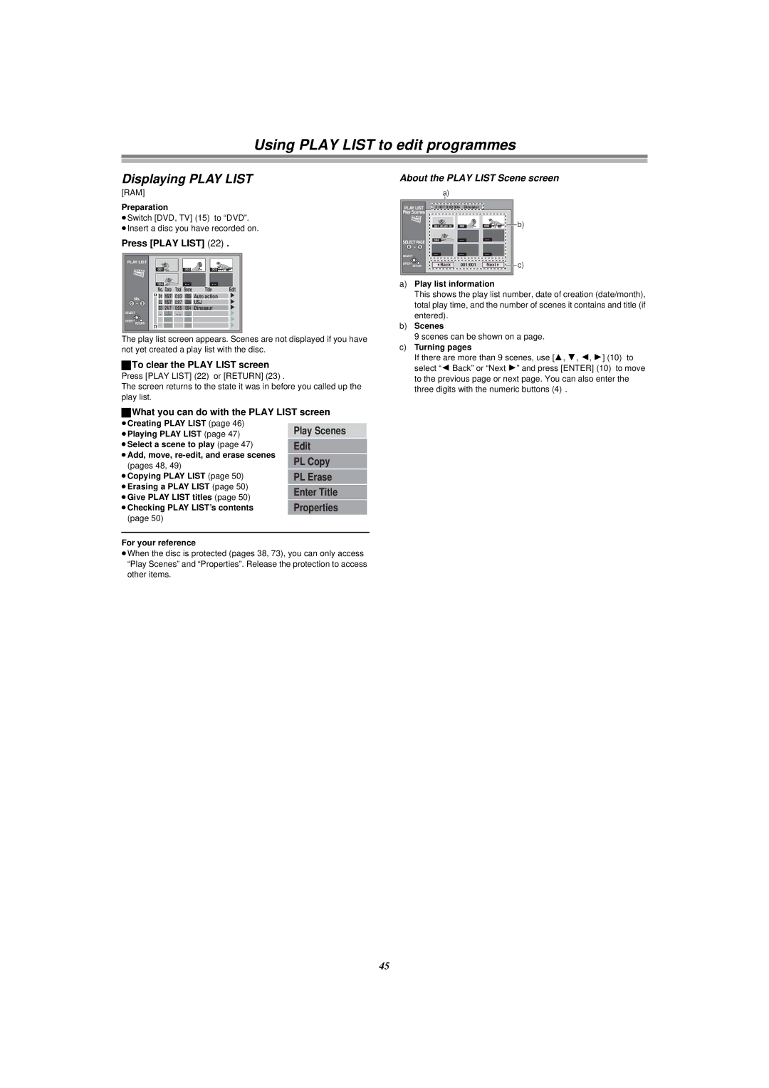 Panasonic E50 manual Using Play List to edit programmes, Displaying Play List, About the Play List Scene screen 