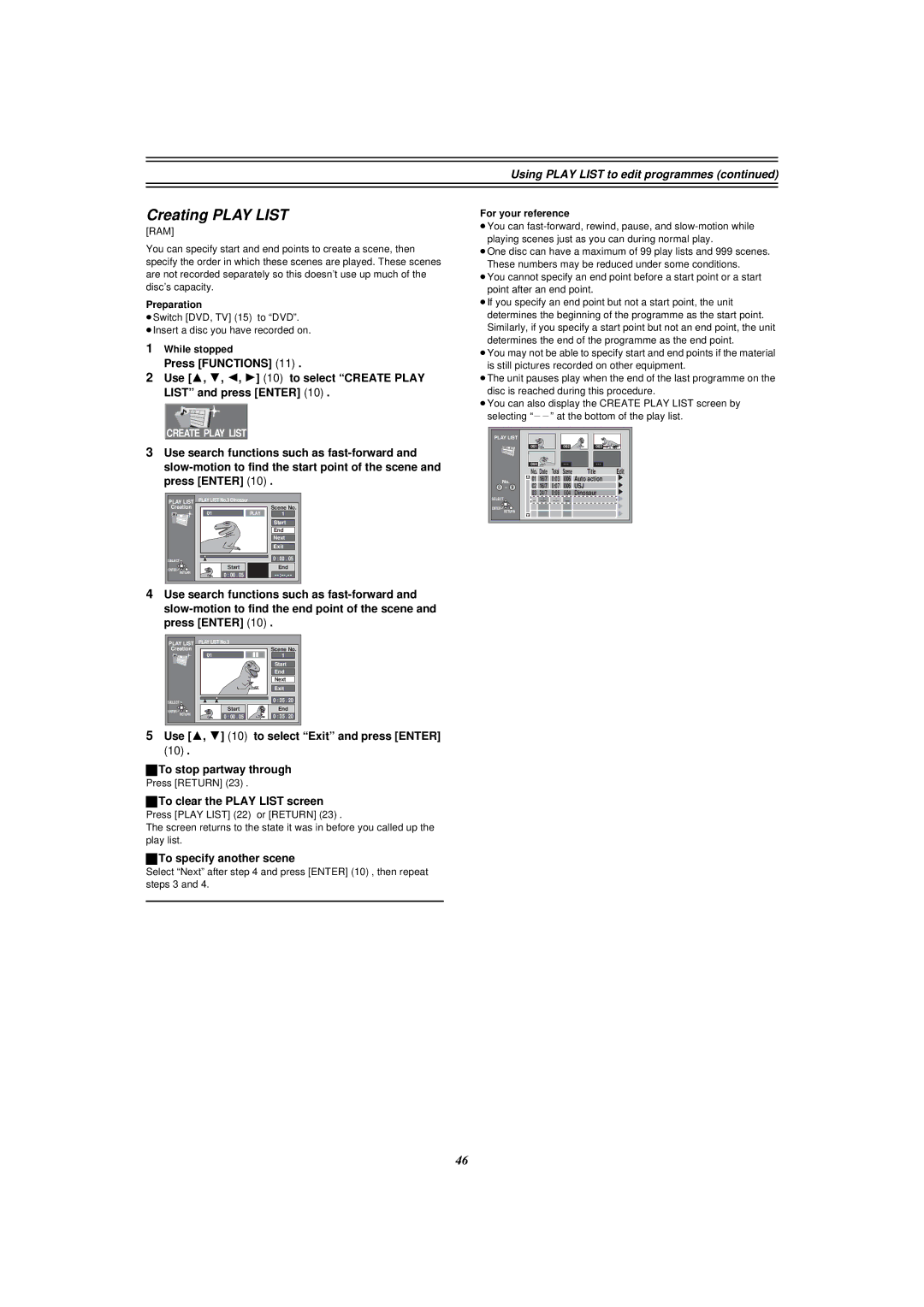 Panasonic E50 manual Creating Play List, Using Play List to edit programmes, To specify another scene 