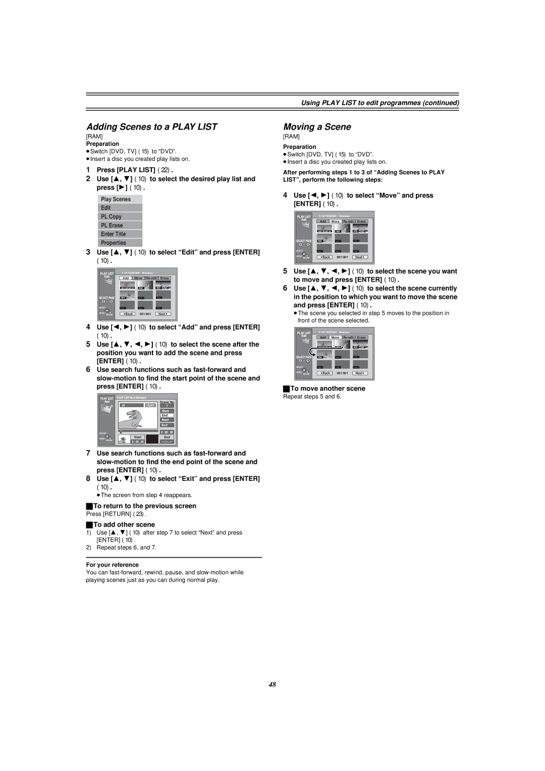 Panasonic E50 manual Adding Scenes to a Play List, Moving a Scene 