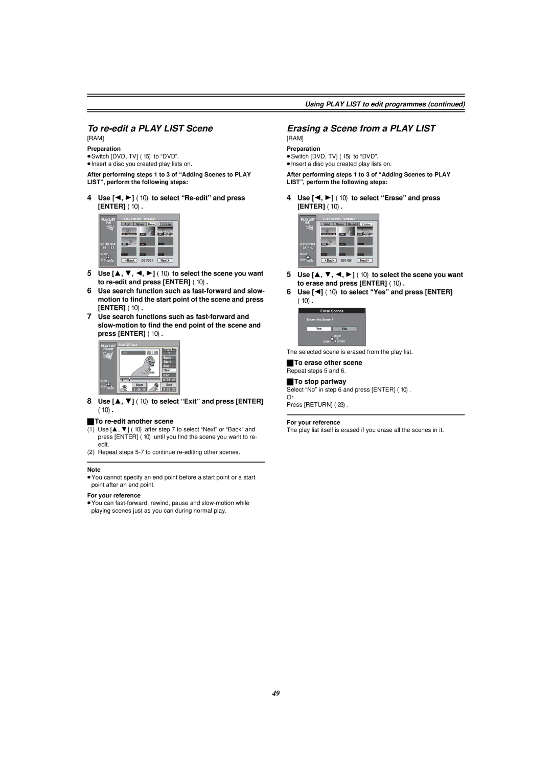 Panasonic E50 manual To re-edit a Play List Scene, Erasing a Scene from a Play List 