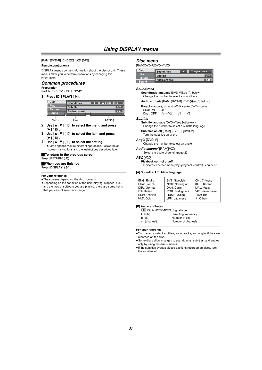 Panasonic E50 manual Using Display menus, Common procedures, Disc menu 