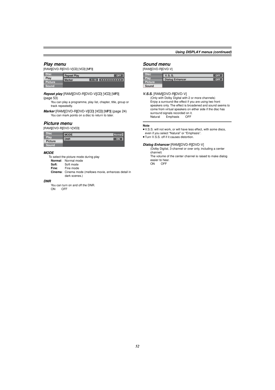 Panasonic E50 manual Play menu, Picture menu, Sound menu, Using Display menus 