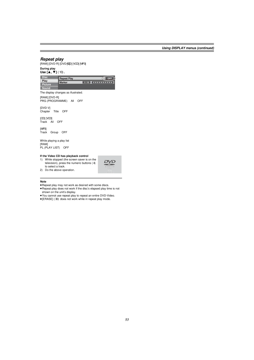 Panasonic E50 manual Repeat play, Use 3, 4, If the Video CD has playback control 