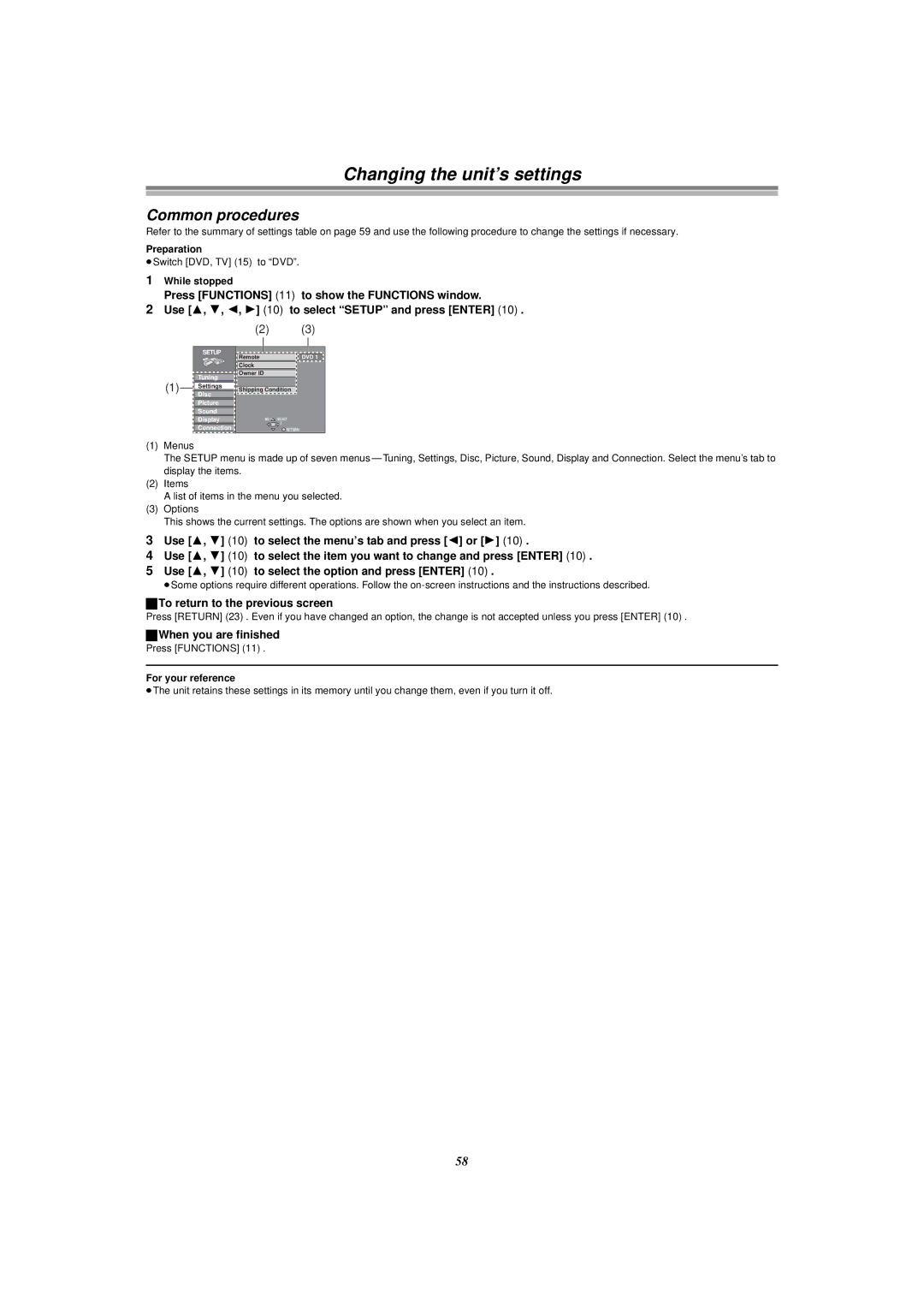 Panasonic E50 manual Changing the unit’s settings, ≥Switch DVD, TV 15 to DVD, Press Functions 