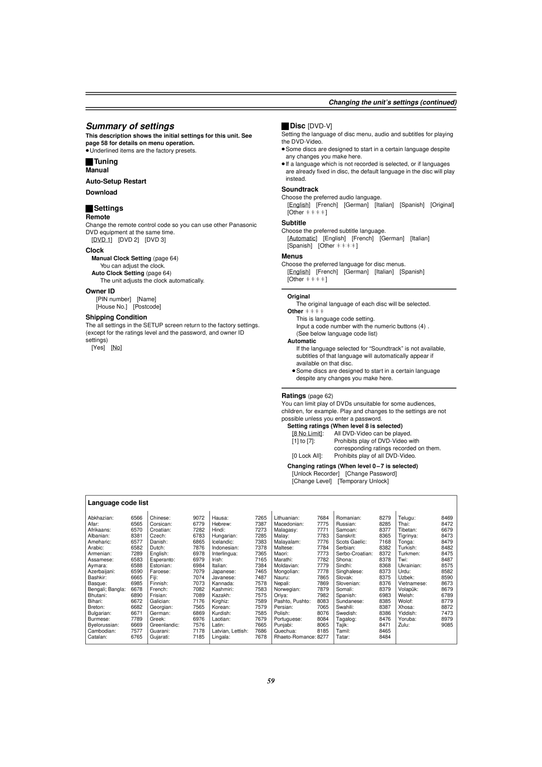 Panasonic E50 manual Summary of settings, Tuning, Settings, Changing the unit’s settings 