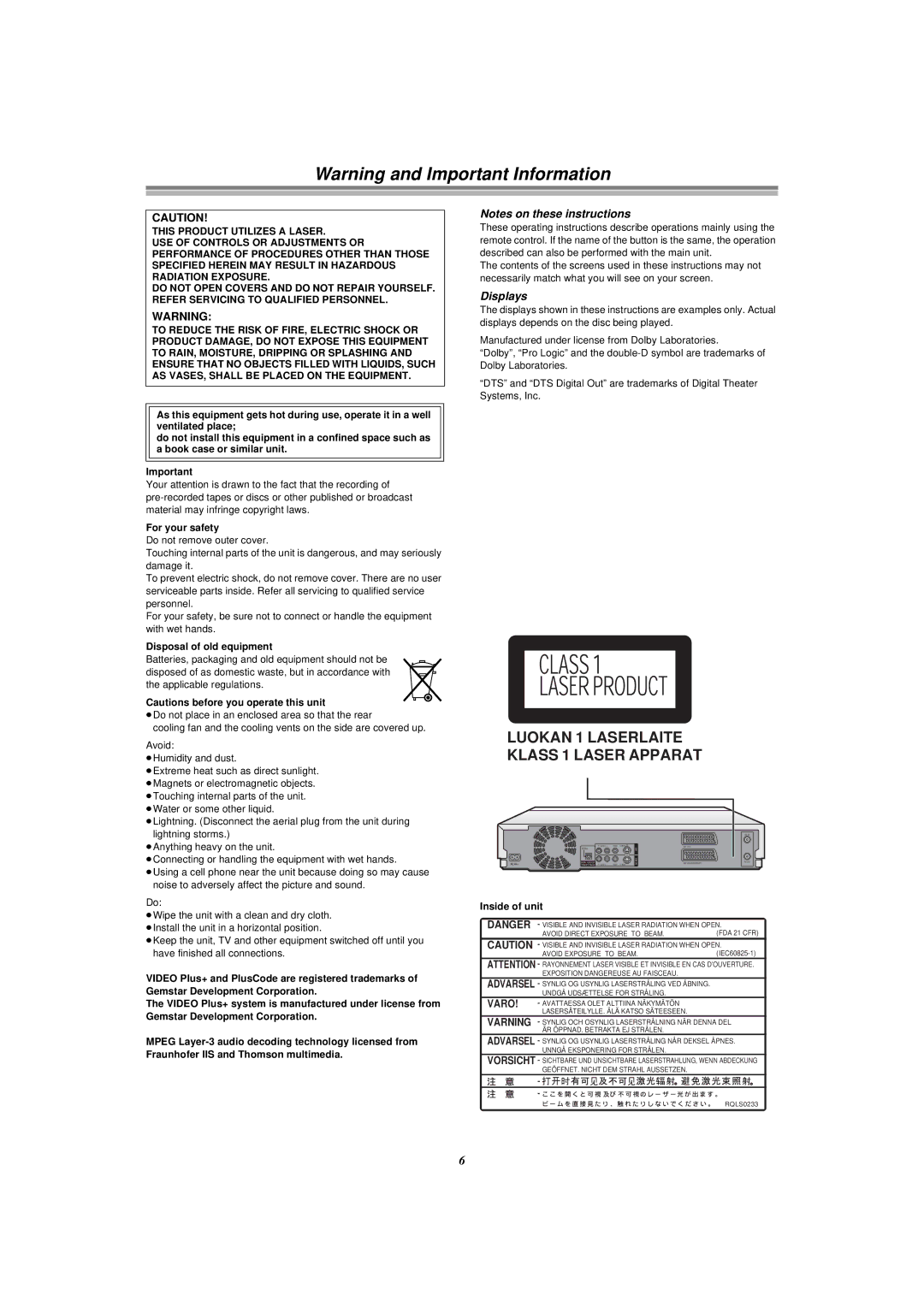 Panasonic E50 manual Displays, For your safety, Disposal of old equipment, Inside of unit 