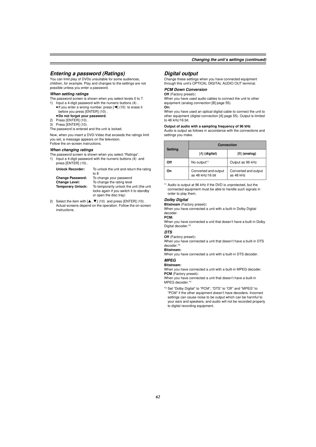 Panasonic E50 manual Entering a password Ratings, Digital output 