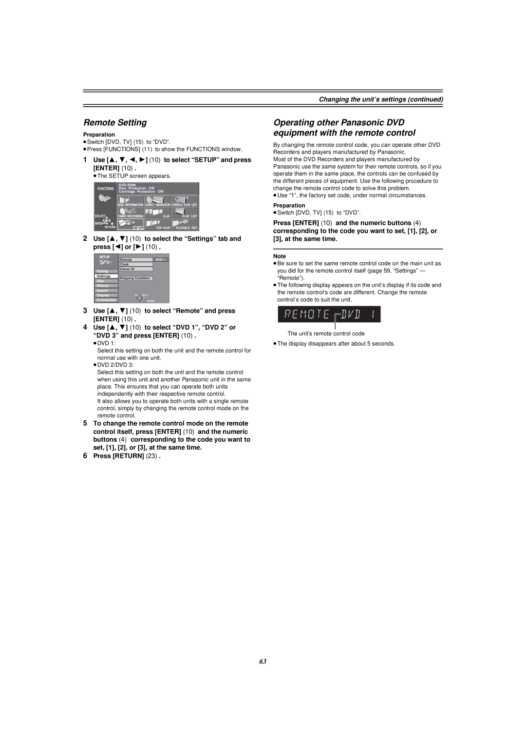 Panasonic E50 manual Remote Setting, Use 3, 4 10 to select the Settings tab and press 2 or 1, ≥The Setup screen appears 