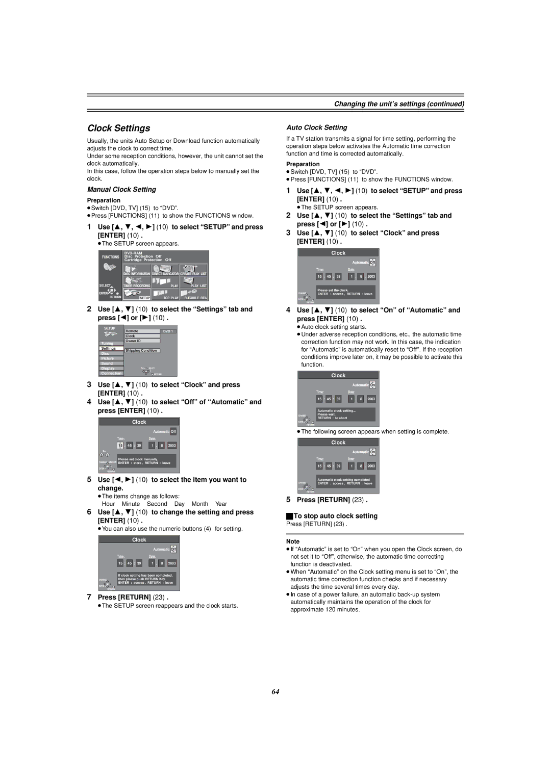 Panasonic E50 manual Clock Settings, Manual Clock Setting, Changing the unit’s settings Auto Clock Setting 