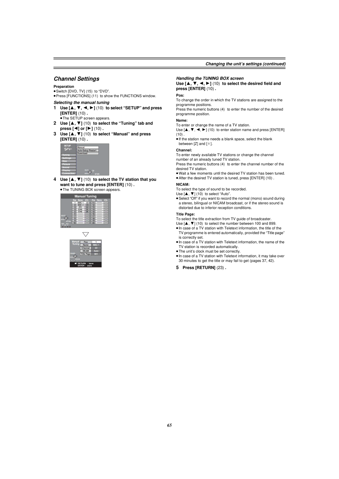 Panasonic E50 Channel Settings, Selecting the manual tuning, Handling the Tuning BOX screen 