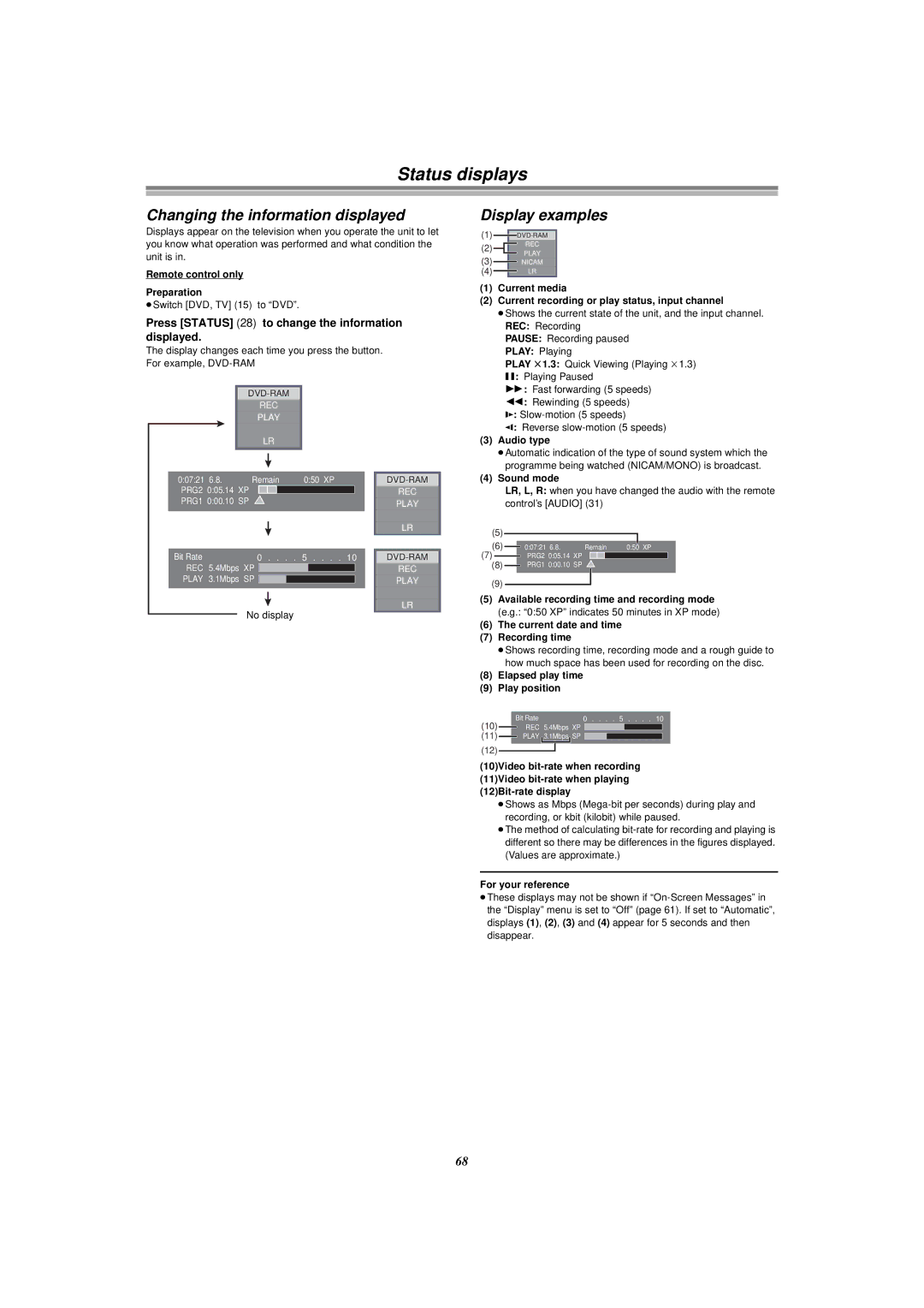 Panasonic E50 manual Status displays, Changing the information displayed, Display examples 