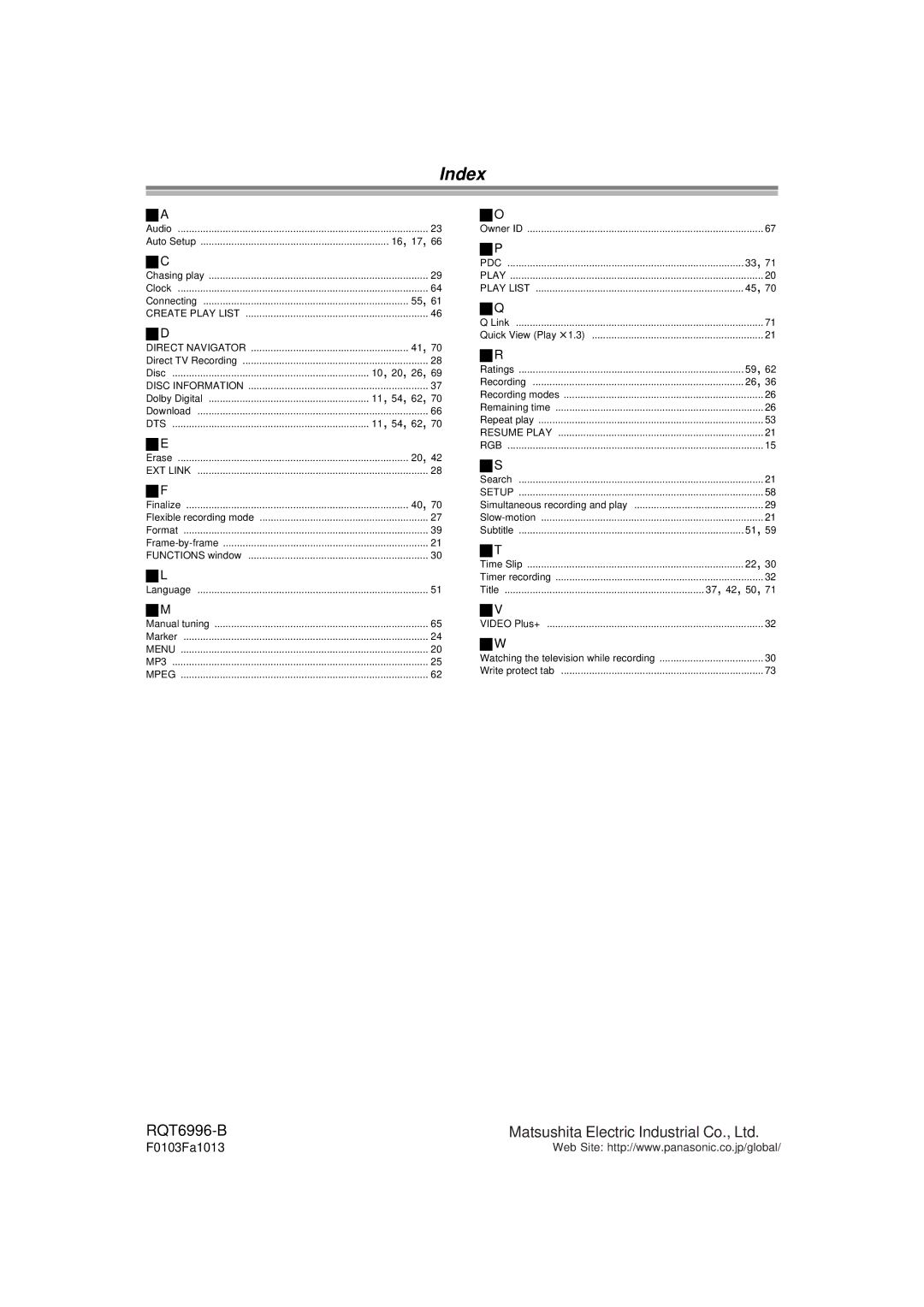 Panasonic E50 manual Index, 16, 17, Disc 10, 20, 26, Dolby Digital 11, 54, 62, Title 37, 42, 50 