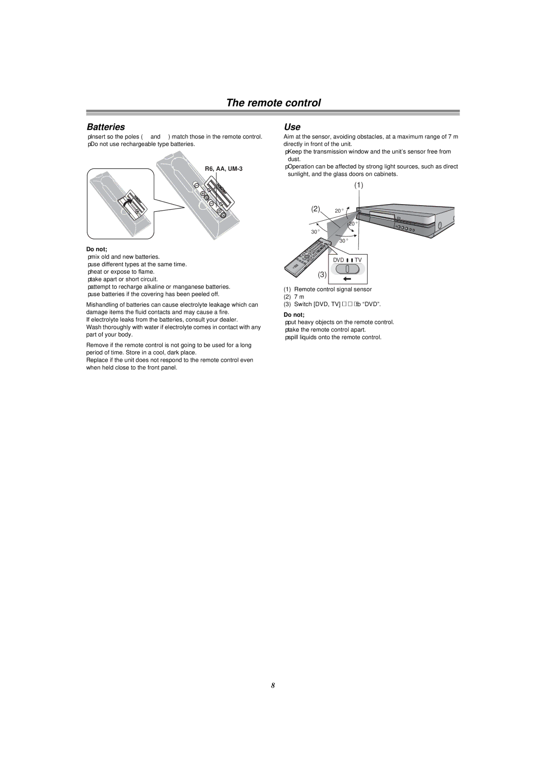 Panasonic E50 manual Batteries, Use, Do not, Remote control signal sensor Switch DVD, TV 15 to DVD 