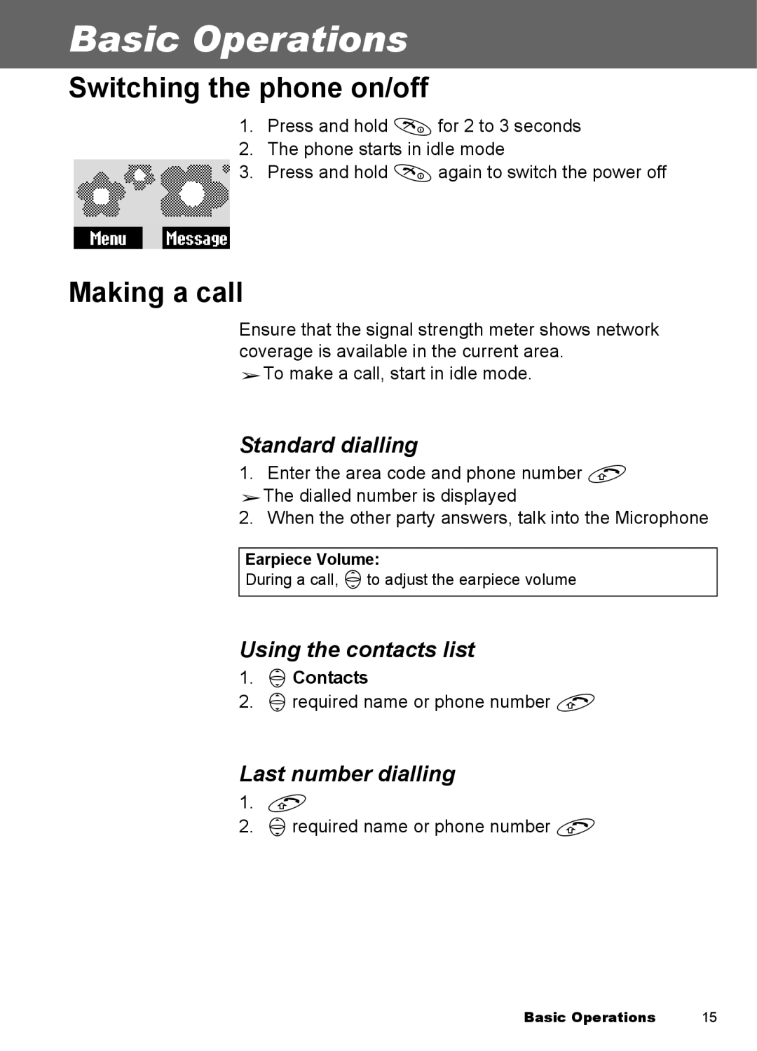 Panasonic EB-A100 manual Basic Operations, Switching the phone on/off, Making a call 