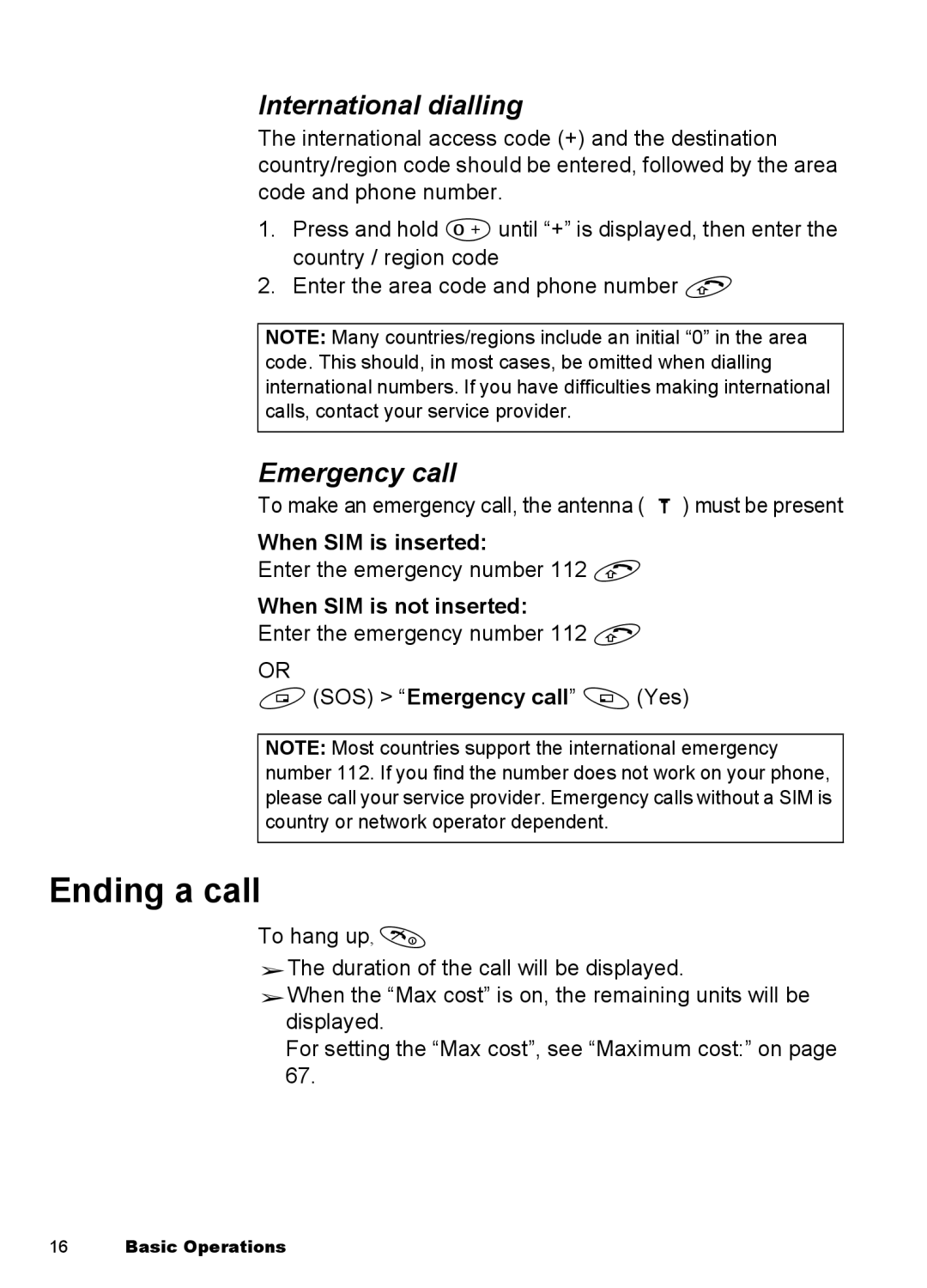 Panasonic EB-A100 Ending a call, International dialling, Emergency call, When SIM is inserted, When SIM is not inserted 