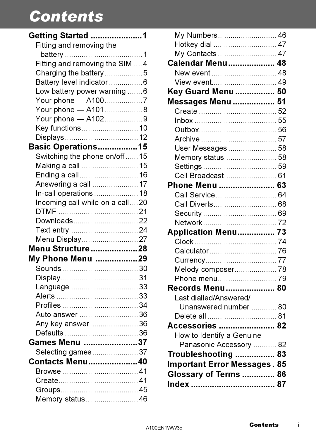 Panasonic EB-A100 manual Contents 