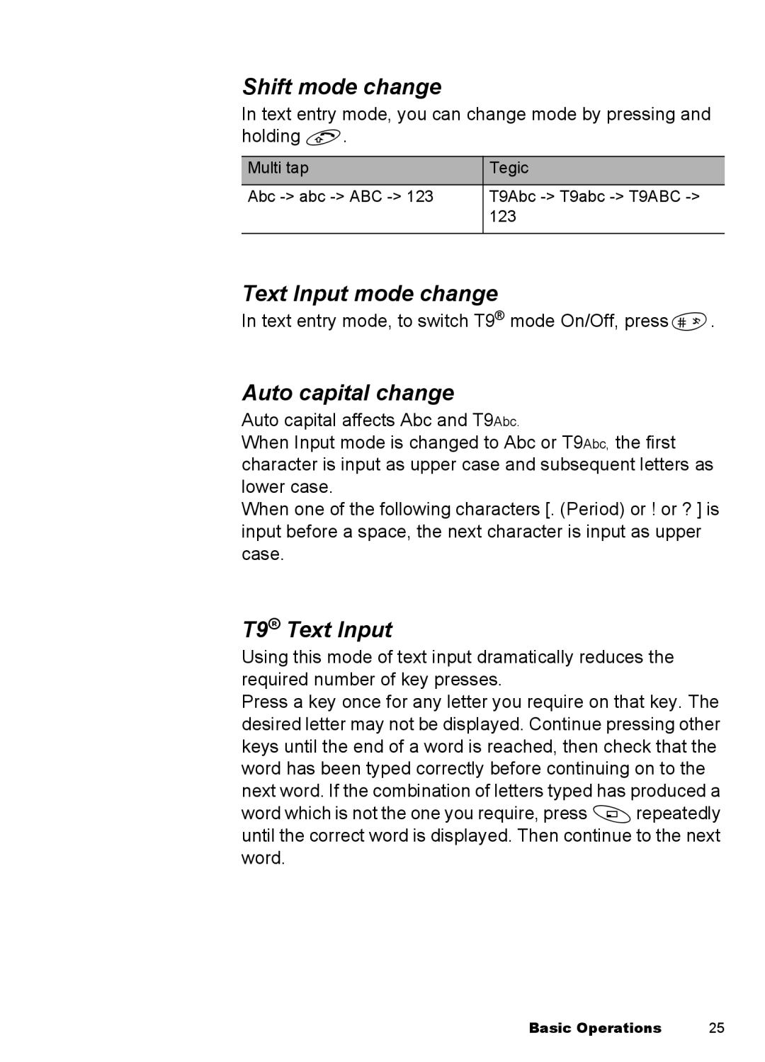 Panasonic EB-A100 manual Shift mode change, Text Input mode change, Auto capital change, T9 Text Input 