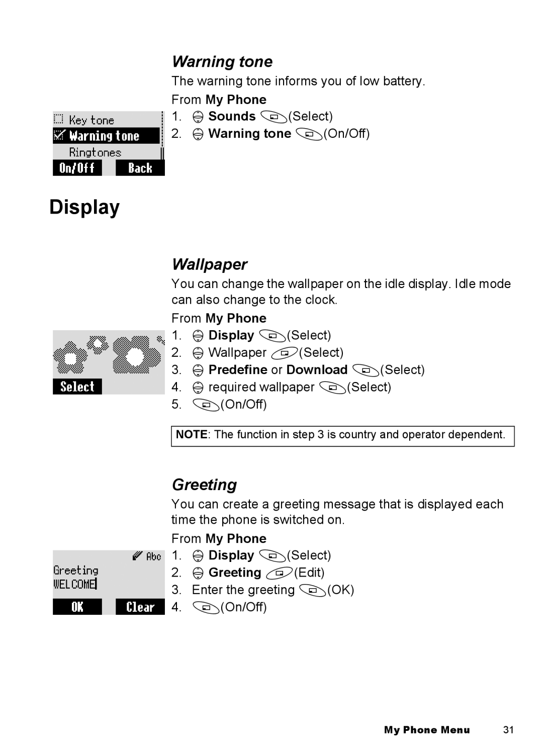 Panasonic EB-A100 manual Wallpaper, 4Warning tone AOn/Off, 4Predefine or Download ASelect, 4Greeting @Edit 